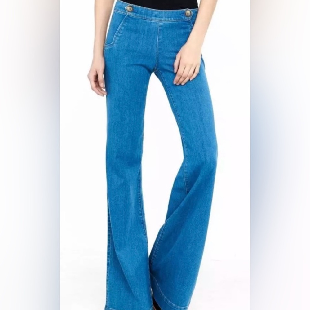 Express Wide Leg Flare Denim Jeans Mid-Rise Retro Sailor Nautical Coastal Sz 0s